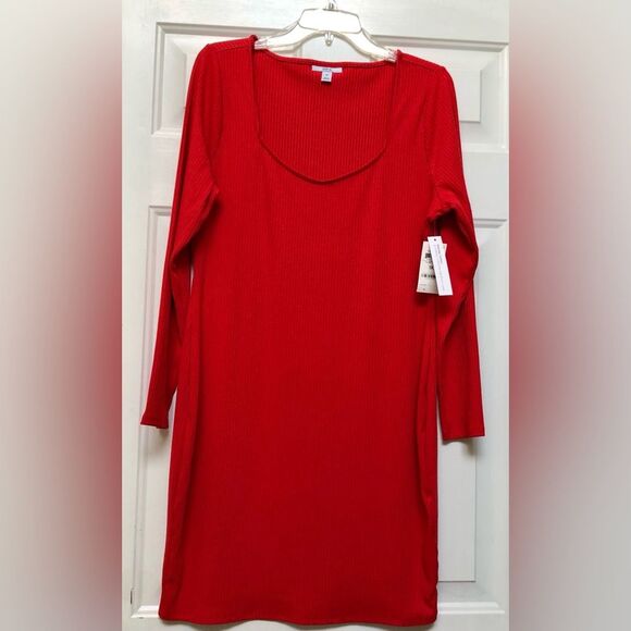 BAR III WOMEN'S SWEATER DRESS PLUS SIZE 1X RED NKIT LONG SLEEVES SCOOP NECK - Picture 1 of 6